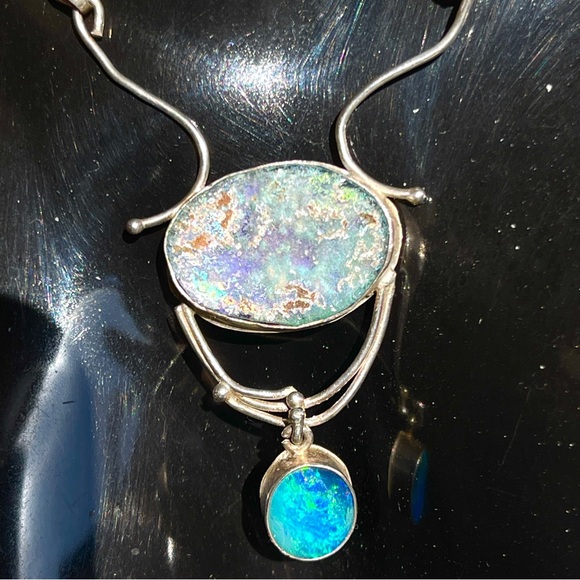 Vintage Unique Roman Glass and Opal Sterling Silver Necklace on Ball Chain - Picture 5 of 14